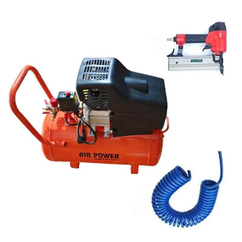 Air Power 2HP 50L Oil Free & Noiseless Wall Painting Double Head Air Compressor with F-50 Brad Nailor 18 Gauge, PU Pipe & Fitting, AC50DC-F50