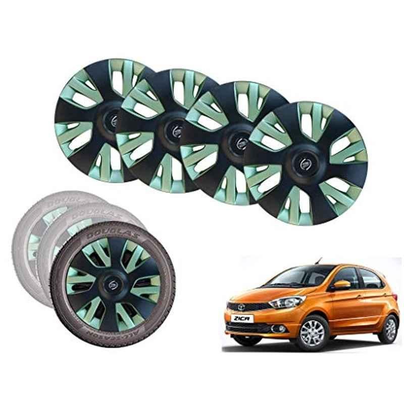 Auto Pearl 14 inch ABS Black & Green Car Hubcap Wheel Cover with Retention Ring Set for Zica
