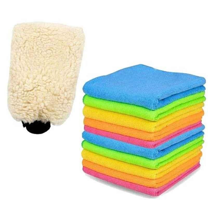 AllExtreme Combo Pack of Microfiber Washing Cream Glove with 10 Pcs Towels