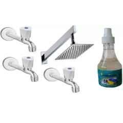 Senkiddpro Triangle 3 Pcs Stainless Steel Long Body Tap with 6x6 inch Slim Overhead Shower & Tap Cleaner Combo