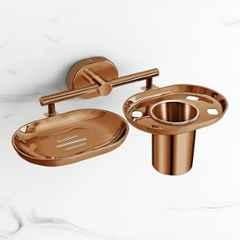 Plantex Stainless Steel Soap Dish with Tumbler Holder/Soap and Brush Holder for Bathroom/2 4-in-1 Soap Holder with Toothbrush Holder/Bathroom Accessories PVD Rose Gold Finish Onix
