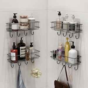 Plantex GI Steel Self Adhesive Bathroom Shelf & Rack/No Drill Wall Mount Bathroom Organiser with Hooks & Towel Hanger/Kitchen Hanging Shelf (Pack of 4)-Black, Powder Coated