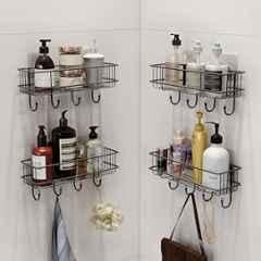 Plantex GI Steel Self Adhesive Bathroom Shelf & Rack/No Drill Wall Mount Bathroom Organiser with Hooks & Towel Hanger/Kitchen Hanging Shelf (Pack of 4)-Black, Powder Coated