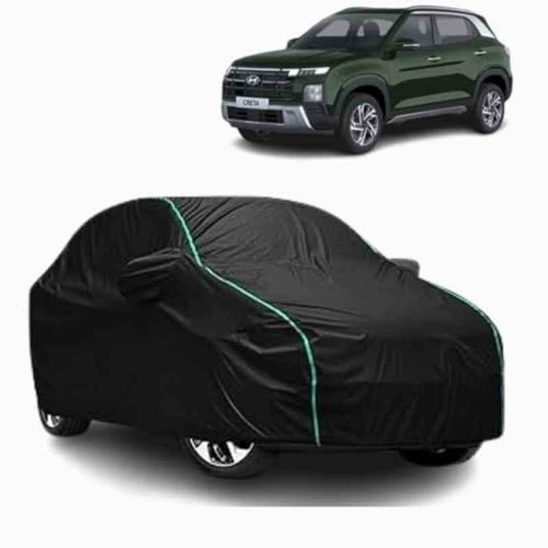 Aarex Auto Polyester Black 100% Waterproof Car Body Cover with Mirror Pocket, All-Weather Protection, UV Resistant & Scratch-Proof for Hyundai Creta