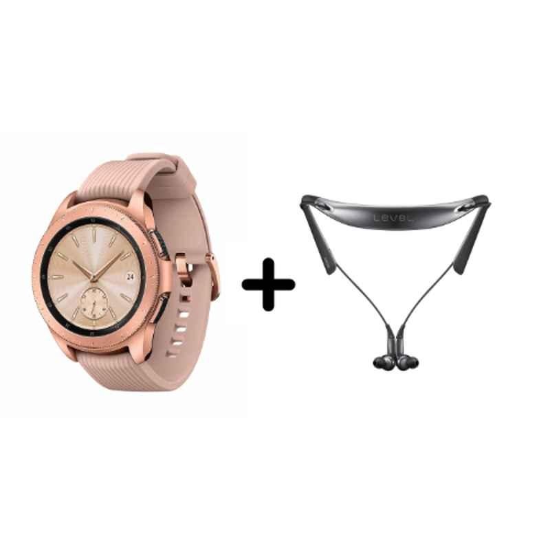 Samsung Galaxy 42mm 4GB/16GB Rose Gold Smart Watch with Level U Pro Black Neckband Set, SMA810LevelUPRO