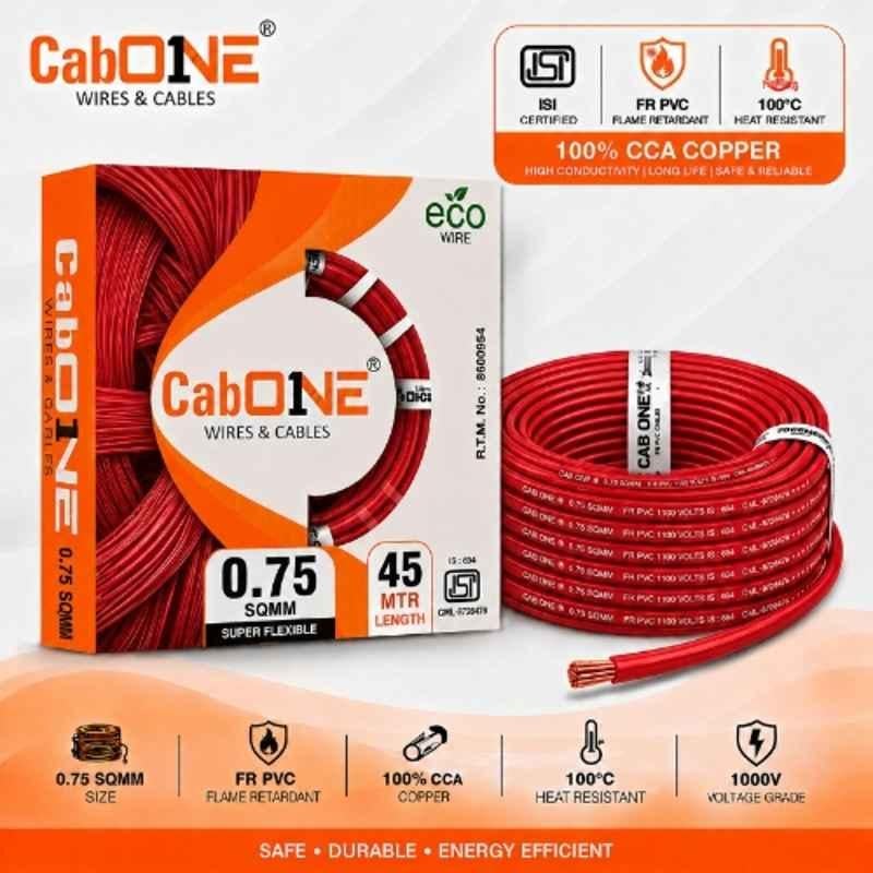 CabONE Lite 0.75 Sqmm Red Single Core FR PVC Insulated CCA Copper Electrical Wire, Length: 45 m