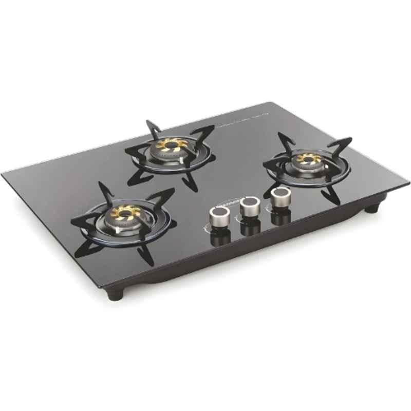 Padmini 3 Burner Stainless Steel Black Automatic Ignition Glass Top Gas Stove, Gas Hob CS-303 GL IB HF
