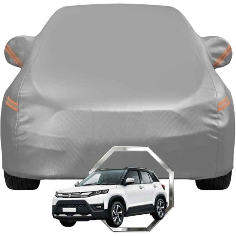 Allextreme Polyester Grey with Highlighter Car Cover with Mirror Pocket & Triple Stitched Bottom Elastic for Maruti Suzuki Brezza All Model & Years, MS-BREZZA-GRY