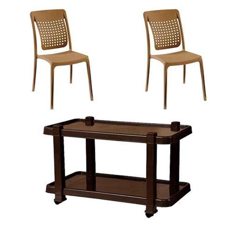 Italica 2 Pcs Polypropylene Sand Spine Care Chair & Nut Brown Table with Wheels Set, 2109-2/9509