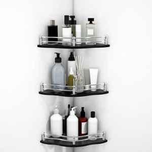 Plantex Premium Black Glass Shelf for Living Room/Bathroom Glass Shelf/Kitchen Corner Shelf Wall Mount Flower Shape Premium Bathroom Organizer 9x9 inch(Pack of 3)