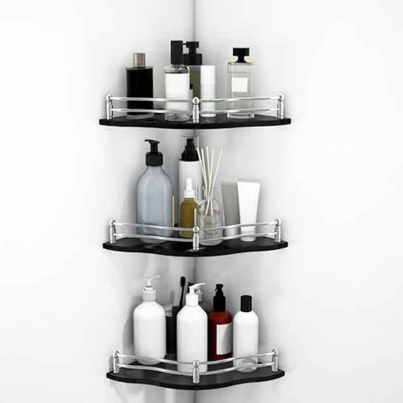 Plantex Premium Black Glass Shelf for Living Room/Bathroom Glass Shelf/Kitchen Corner Shelf Wall Mount Flower Shape Premium Bathroom Organizer 9x9 inch(Pack of 3)