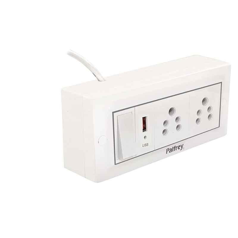 Palfrey 5A 2 Socket White Polycarbonate Electric Extension Board with USB Socket, Master Switch & 2m Wire, 652 USB