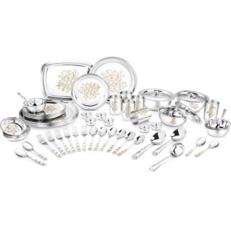 Classic Essentials Glory 61 Pcs Stainless Steel Mirror Finish Floral Dinner Set with Permanent Laser Design