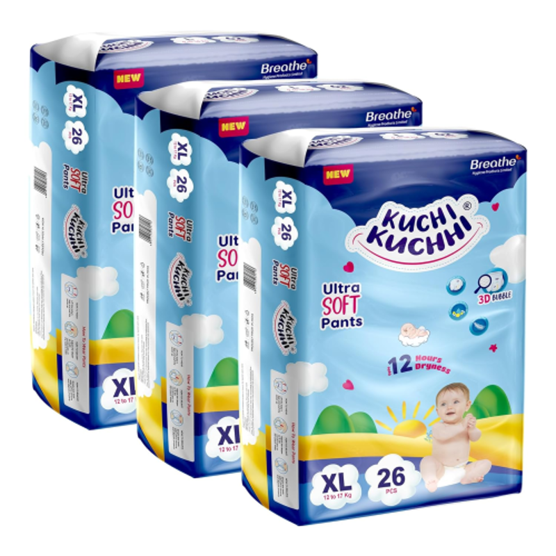 Kuchi Kuchhi 26 Pcs 12-17kg White Extra Large Ultra Soft Baby Diaper Pant with 3D Bubble Top, KKXL26X3 (Pack of 3)