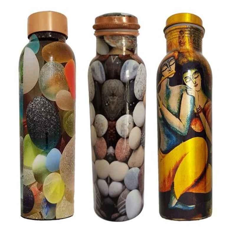 Healthchoice 1L Stone, Crystel & Radha Copper Jointless Water Bottle (Pack of 3)