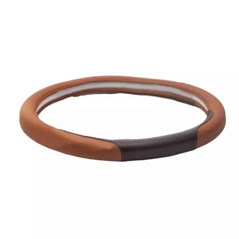 Cipher Leather Brown & Beige Sporty Look Steering Wheel Grip Cover, Size: Large