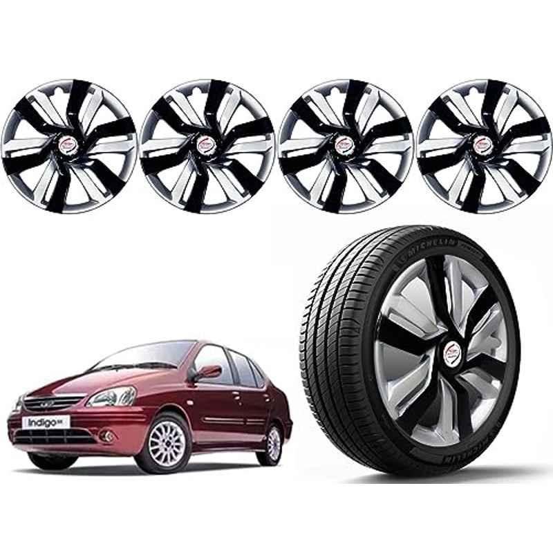 Auto Pearl 4 Pcs 14 inch Polypropylene Black & Silver Press Type Car Wheel Cover Set with Retention Ring for Tata Indigo 2002, 14WC_Idtec_Rev_Indigo2002