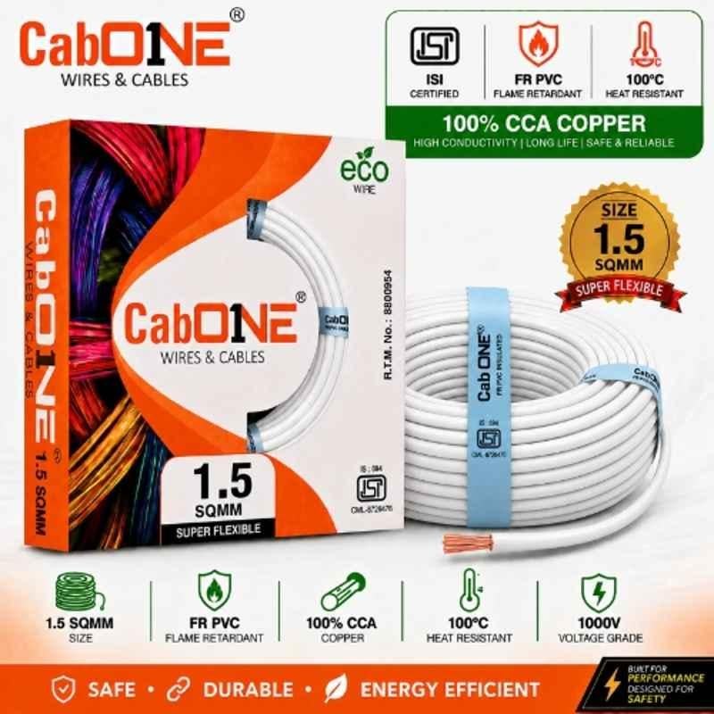 CabONE Lite 1.5 Sqmm White Single Core FR PVC Insulated CCA Copper Electrical Wire, Length: 45 m