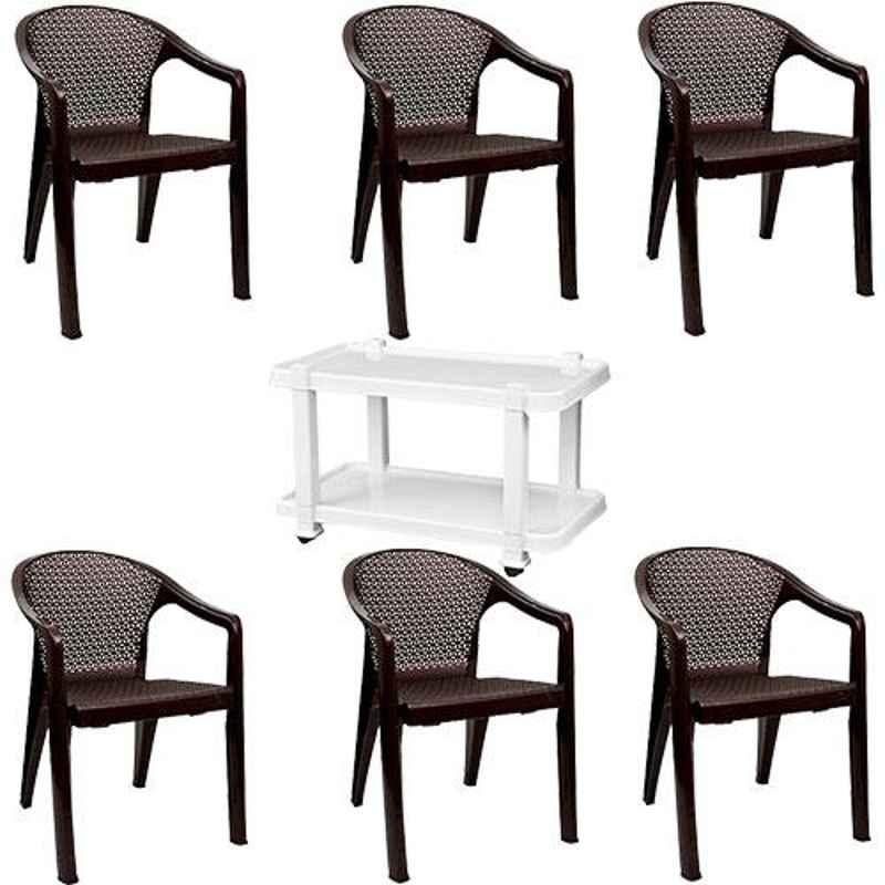 Italica 6 Pcs Polypropylene Nut Brown Oxy Arm Chair & White Table with Wheels Set, 5202-6/9509