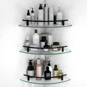 Plantex 12x12 inch Black Premium Frosted Glass Corner/Shelf for Bathroom/Wall Shelf/Storage Shelf (Pack of 3)