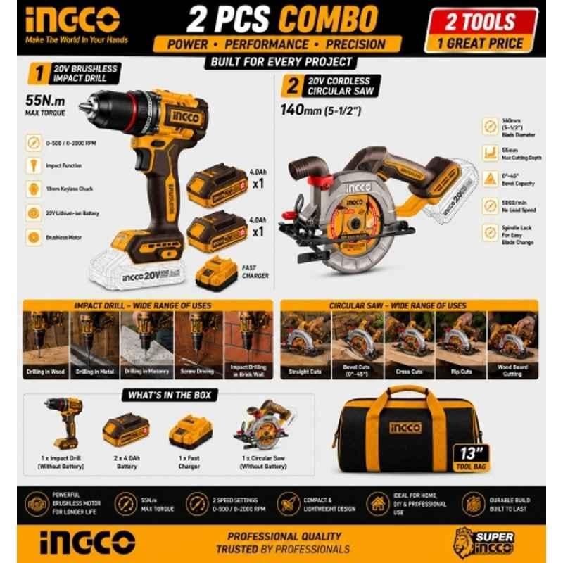 Ingco 13mm 20V 55Nm Cordless Impact Drill & 140mm Circular Saw Combo