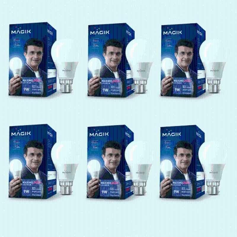 Magik Maximo Plus 9W 3000K B22 Cool White LED Bulb (Pack of 6), LUMAP009C4144E6