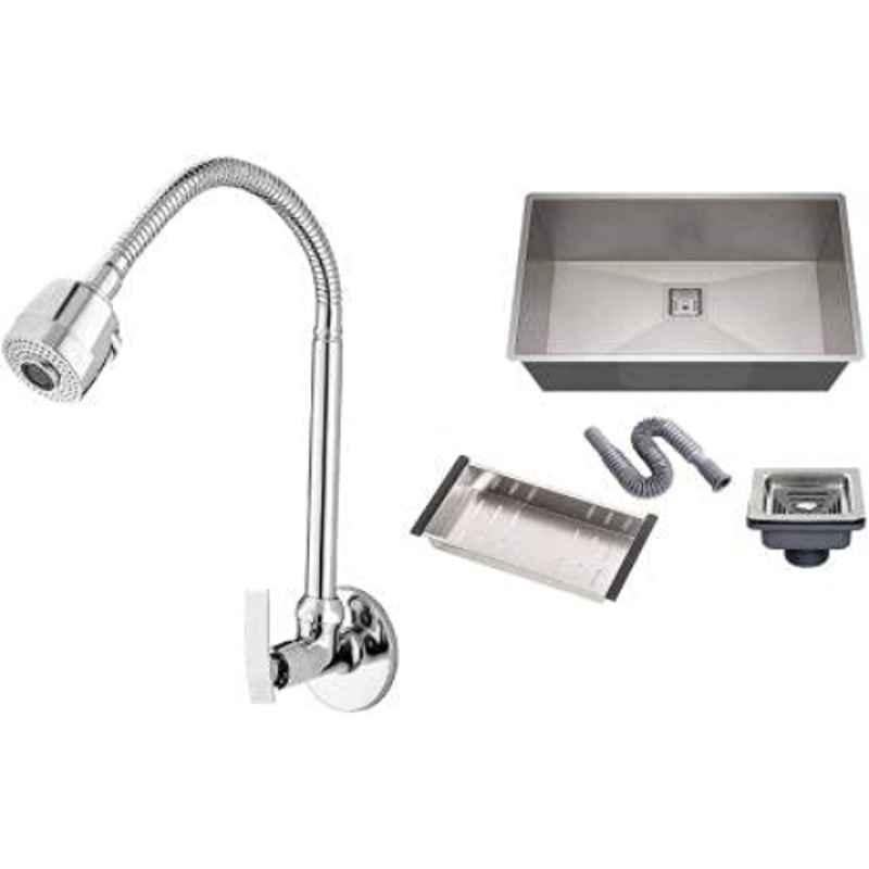Zesta 24x18x10 inch Stainless Steel 304 Matt Finish Silver Kitchen Sink with SILVER Flexible Sink Cock Tap