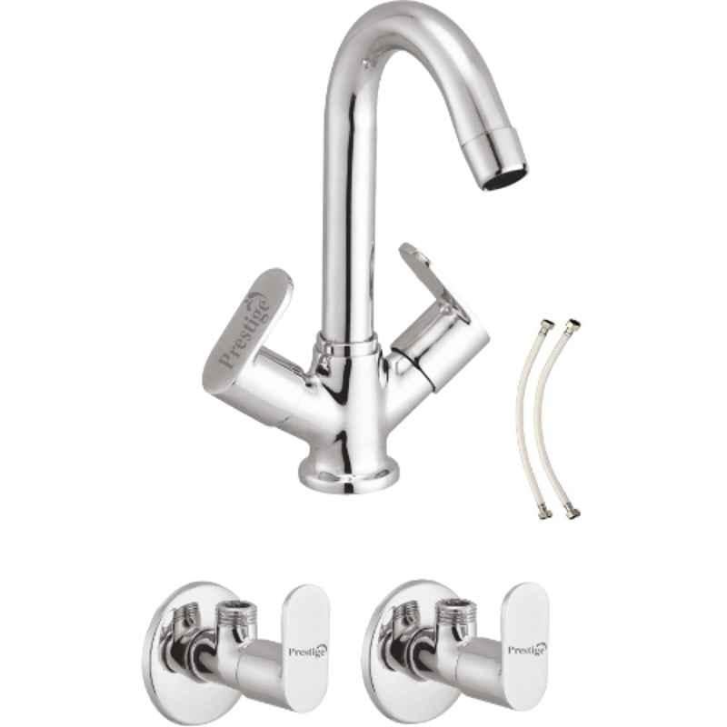 Prestige Ocean 3 Pcs Brass Chrome Finish Angle Cock, Connection Pipe & Center Hole Mixer Set (Pack of 2)
