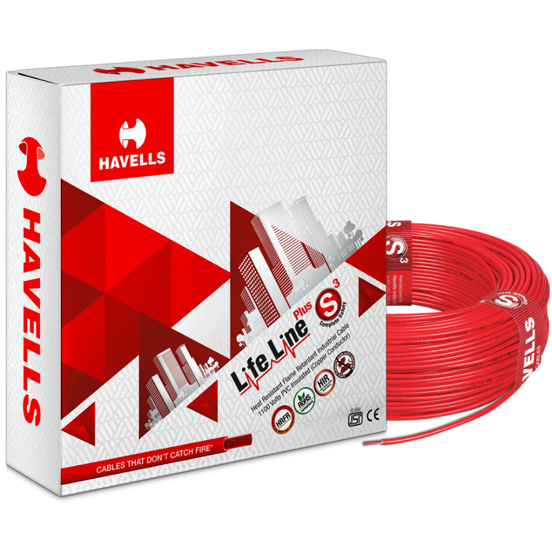 Havells 1 Sqmm Red Life Line Plus Single Core HRFR PVC Insulated Flexible Cables, WHFFDNRA11X0, Length: 90 m