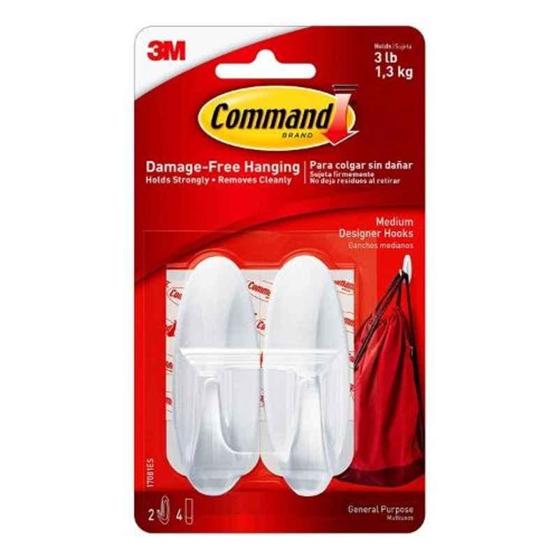 3M Command Medium 2 Pcs Plastic White Designer Hooks