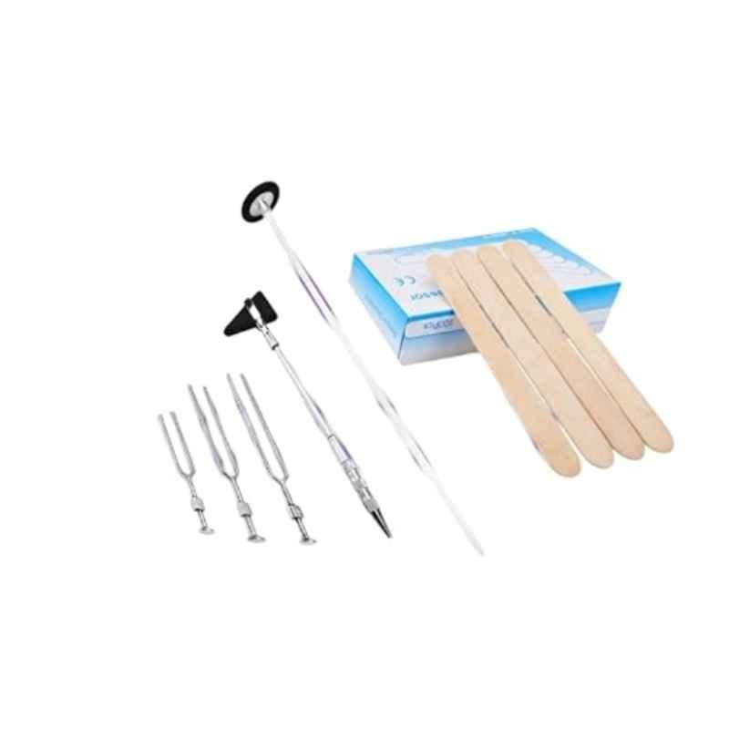 Forgesy 105 Pcs Wooden Tongue Depressor with Stainless Steel Tuning Fork, Reflex Knee & Round Percussion Hammer Set