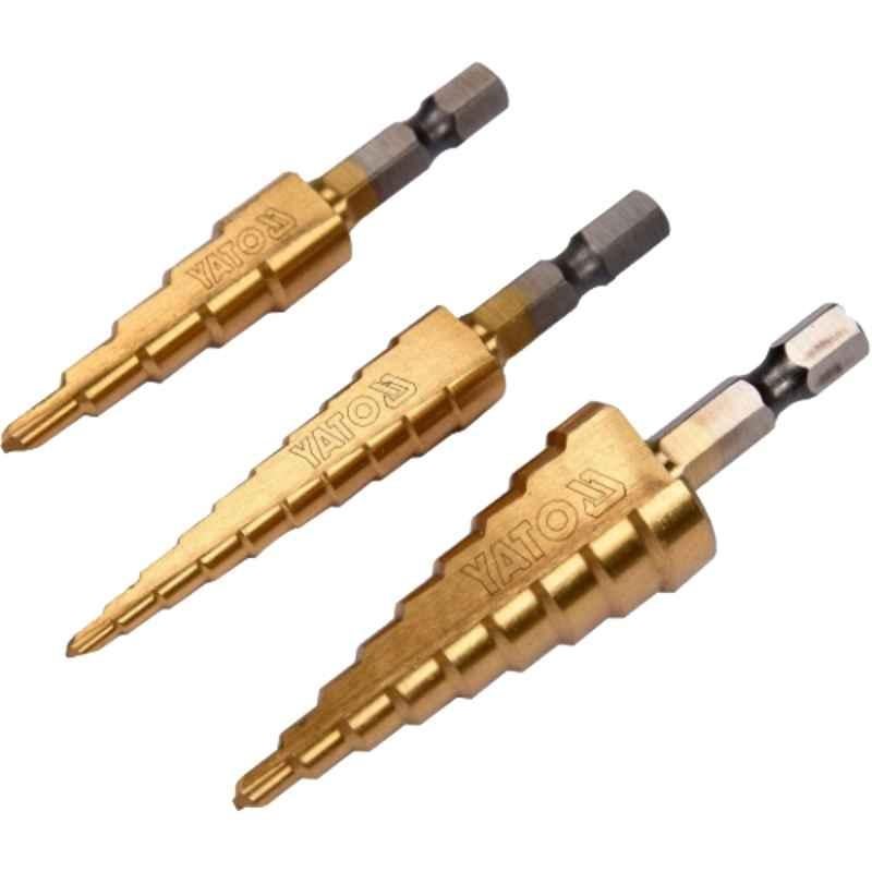 Yato 3 Pcs 1/4 inch HSS 4241 Titanium Coated Step Drill Set, YT-44731