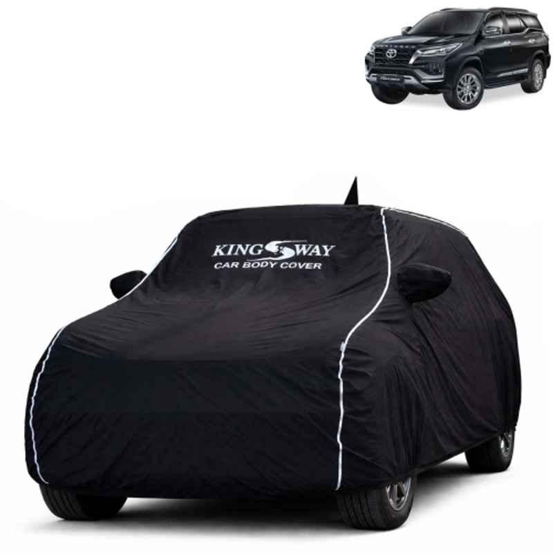 Kingsway Super Waterproof All Weather Protection Polypropylene Black Car Cover for Toyota Fortuner 2025 Onwards with Silver Piping, Mirror & Antenna Pockets