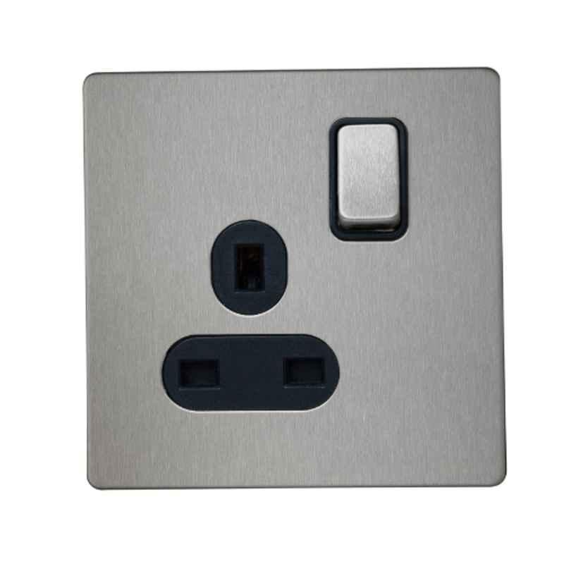 RR Vivan Metallic 13A Brushed Stainless Steel Single Outlet Switched Socket with Black Insert, VN6658M-B-BSS