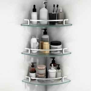 Plantex Premium Frosted Glass Corner Bathroom Shelves/Living Room Wall Mounted Shelf with Silver Railings and Brackets/Bathroom Accessories 9x9 inch es, (Pack of 3)