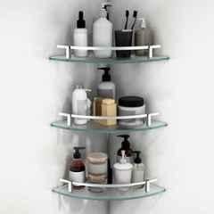 Plantex Premium Frosted Glass Corner Bathroom Shelves/Living Room Wall Mounted Shelf with Silver Railings and Brackets/Bathroom Accessories 9x9 inch es, (Pack of 3)