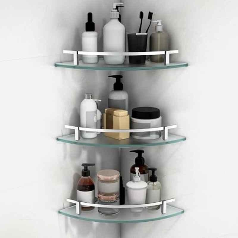 Plantex Premium Frosted Glass Corner Bathroom Shelves/Living Room Wall Mounted Shelf with Silver Railings and Brackets/Bathroom Accessories 9x9 inch es, (Pack of 3)