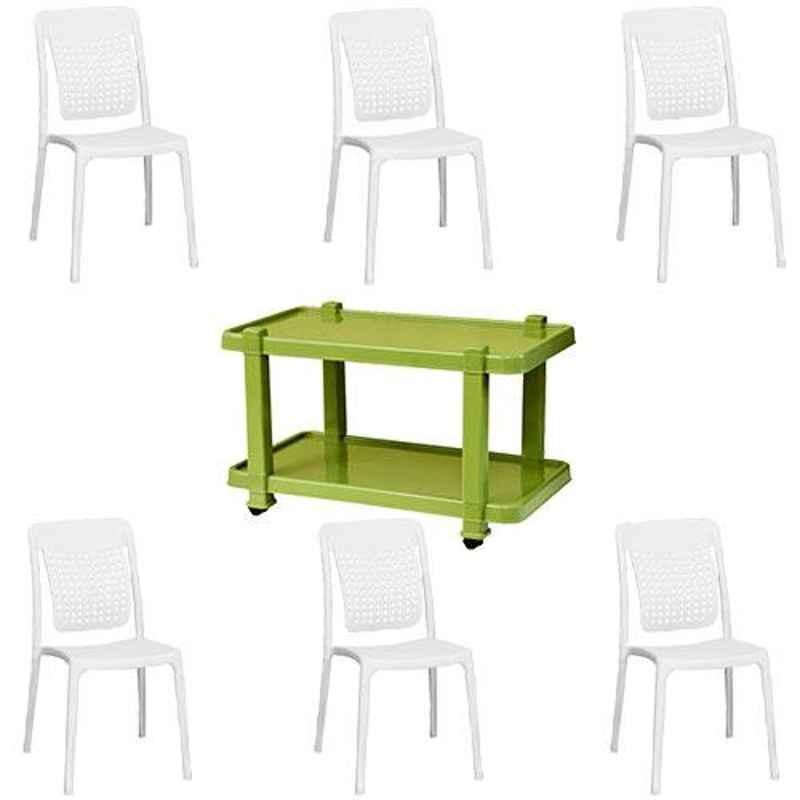 Italica 6 Pcs Polypropylene White Spine Care Chair & Green Table with Wheels Set, 2109-6/9509