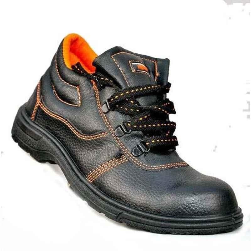 Himmat KH34 Leather Steel Toe High Ankle Black & Orange Safety Shoes, Size: 6