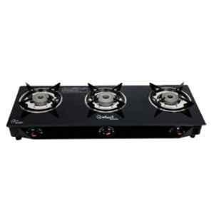 Sigri-Wala Surya Prime Cook 3 Burner Toughened Glass Black Manual Gas Stove with Lighter & Hose Pipe