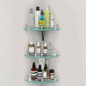 Plantex Transparent Glass Shelf for Living Room/Glass Corner Shelf for Bathroom with Stainless Steel Railings and Brackets/Bathroom Organizer/Kitchen Racks-12x12 inch -(Pack of 3)