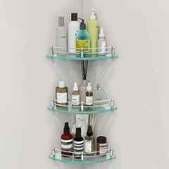 Plantex Transparent Glass Shelf for Living Room/Glass Corner Shelf for Bathroom with Stainless Steel Railings and Brackets/Bathroom Organizer/Kitchen Racks-12x12 inch -(Pack of 3)