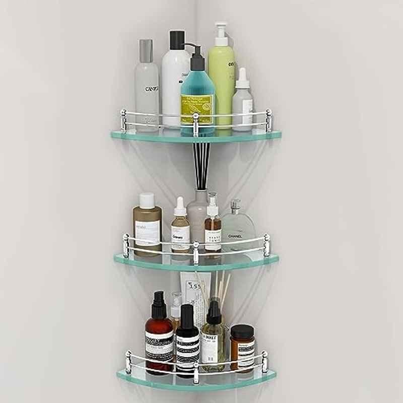 Plantex Transparent Glass Shelf for Living Room/Glass Corner Shelf for Bathroom with Stainless Steel Railings and Brackets/Bathroom Organizer/Kitchen Racks-12x12 inch -(Pack of 3)