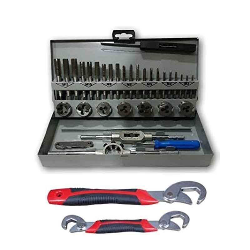 Krost Metal Metric Tap Die Set M3-M12, Threads Plugs, Straight Reamers, With Free Snap N Grip Wrench (Silver, 32 Piece)