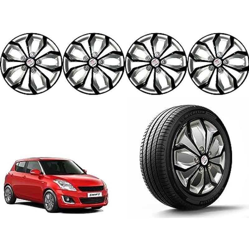 Auto Pearl 4 Pcs 14 inch Polypropylene Black & Silver Press Type Car Wheel Cover Set with Retention Ring for Maruti Suzuki Swift 2015-2017, 14WC_Pearl_Rev_Swift2015_2017