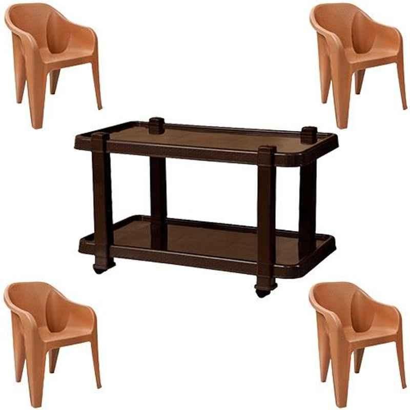 Italica 4 Pcs Polypropylene Camel Luxury Arm Chair & Nut Brown Table with Wheels Set, 2019-4/9509