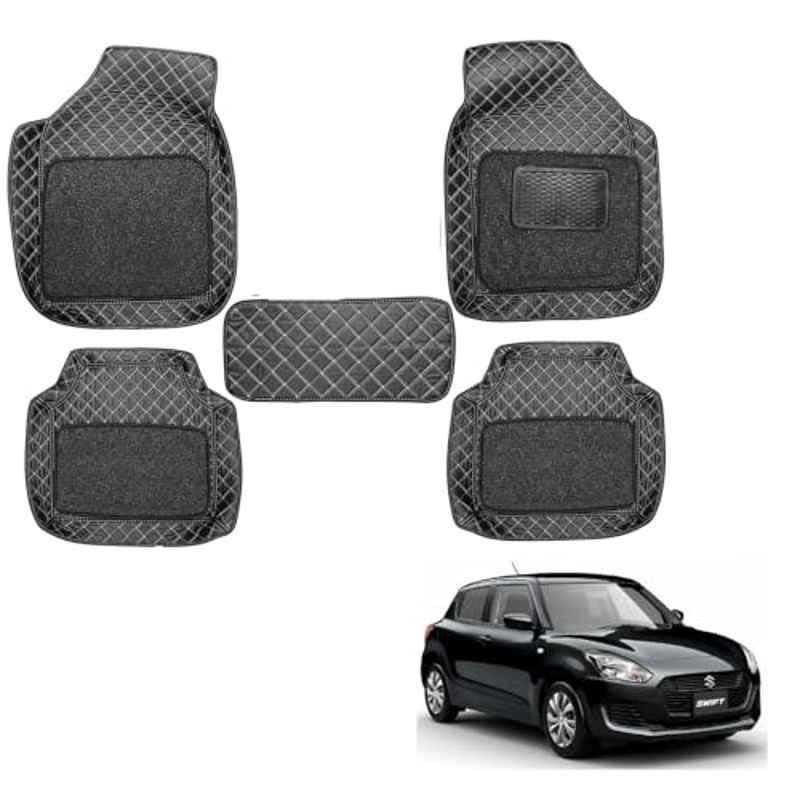 Kozdiko 5 Pcs Waterproof & Luxury 7D Black Leatherette Car Floor Mat Set for Maruti Suzuki Swift 2018-Present