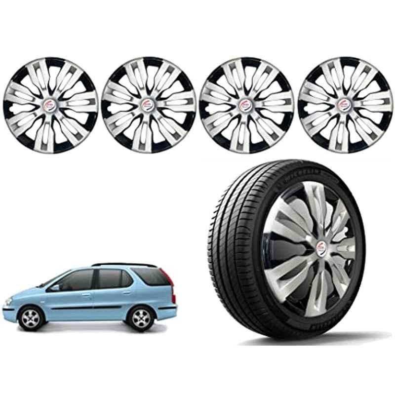 Auto Pearl 4 Pcs 14 inch Polypropylene Silver & Black Press Type Car Wheel Cover Set with Retention Ring for Tata Indigo Marina, 14WC_Dzire2017_DC_IndigoMarina