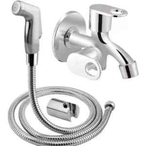 Fastgear Steel Silver Chrome Finish Wall Mount Push Button Health Faucet with 2 Way Prime Bib-Tap Set