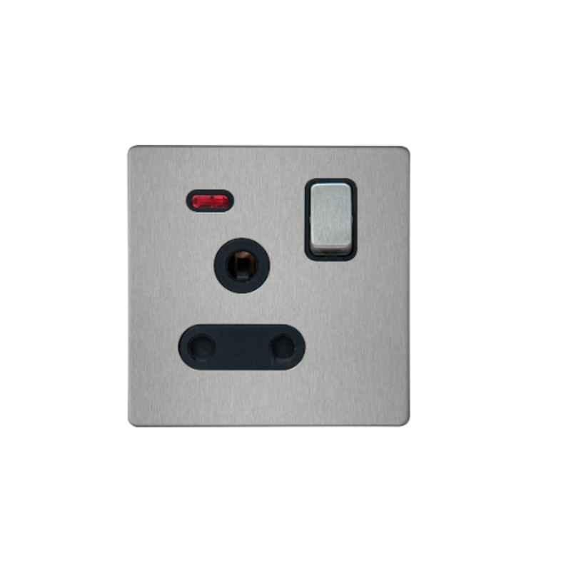 RR Vivan Metallic 15A Brushed Stainless Steel Single Outlet Switched Socket with Neon & Black Insert, VN6673M-B-BSS